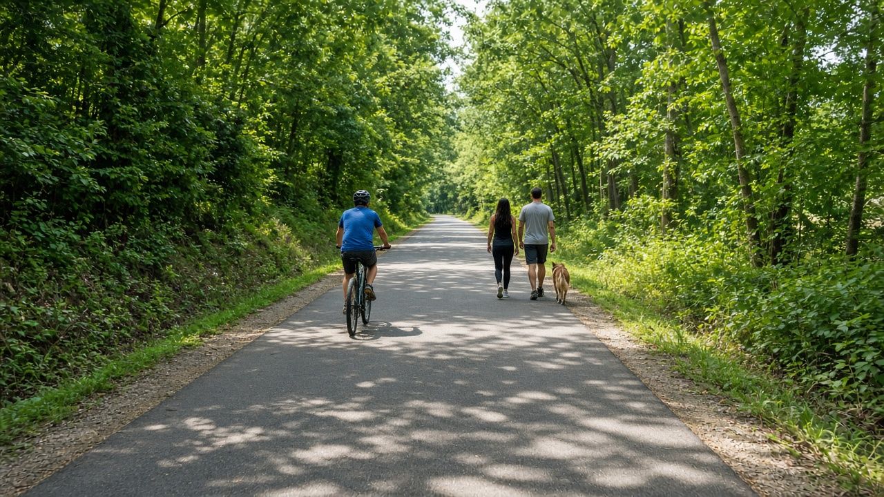 Cyclist and walkers on the paved Indian Head Rail Trail through the woods near White Plains, Maryland