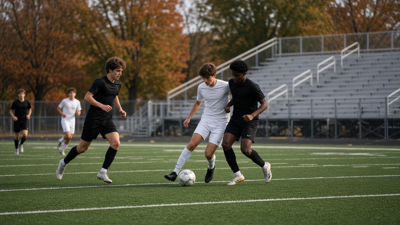 High school soccer team celebrating on a field in Charles County, Maryland