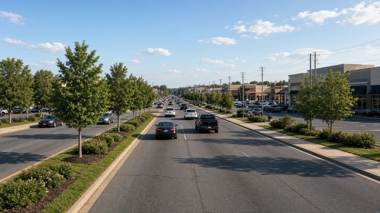 Main road lined with shopping centers in Lexington Park, Maryland