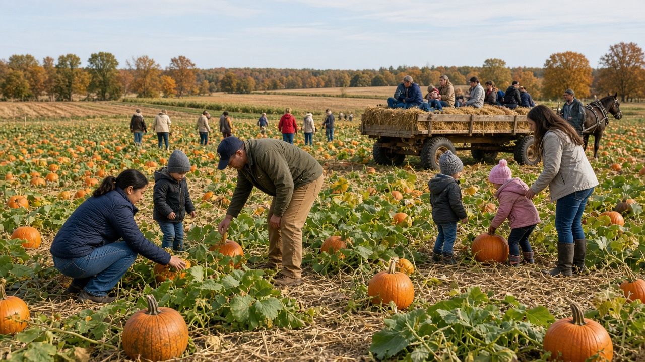 Family picking pumpkins at a farm near Dunkirk, Maryland