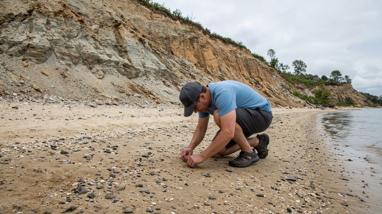 Family hunting for fossils below cliffs at Brownie's Beach in Chesapeake Beach, Maryland