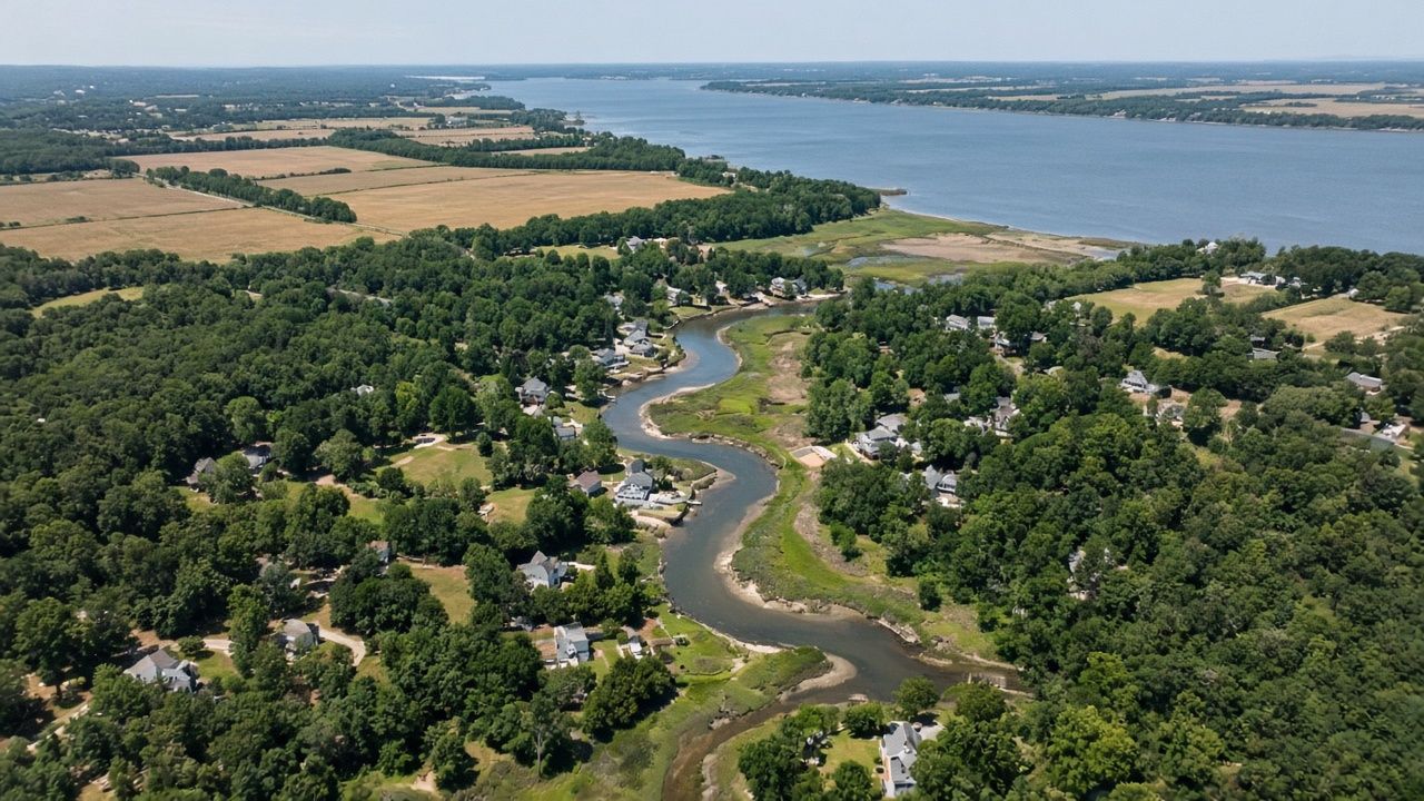 Aerial view of a creek winding into the Patuxent River in Hollywood, Maryland