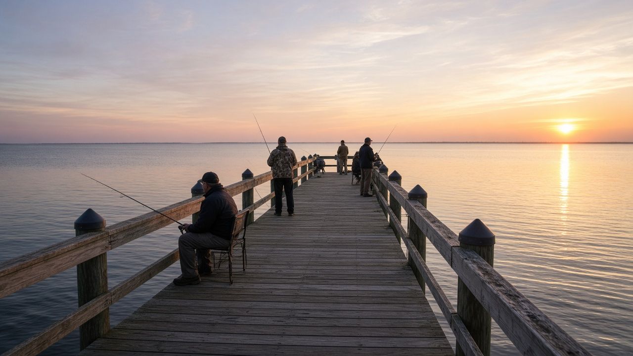 Anglers on a fishing pier at sunrise near Lexington Park, Maryland