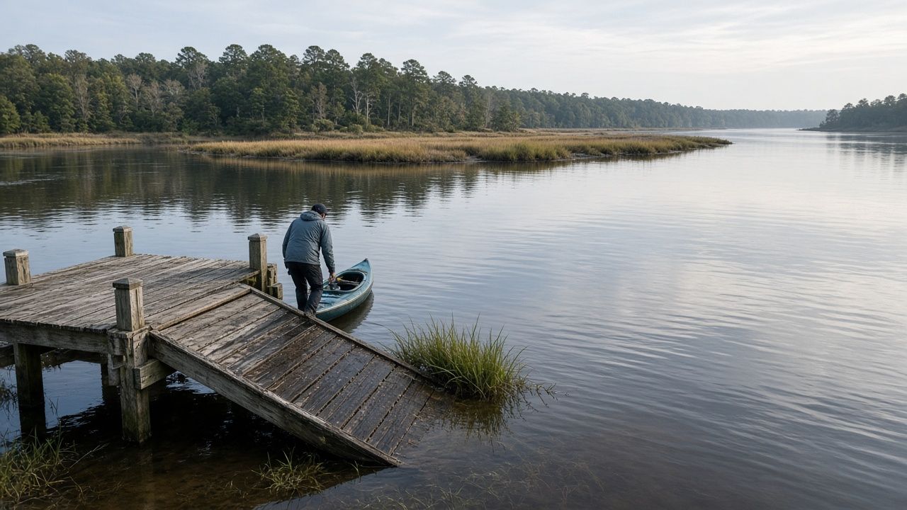 Kayaker launching from the wooden pier at Lower Marlboro Wharf on the Patuxent River in Owings, Maryland