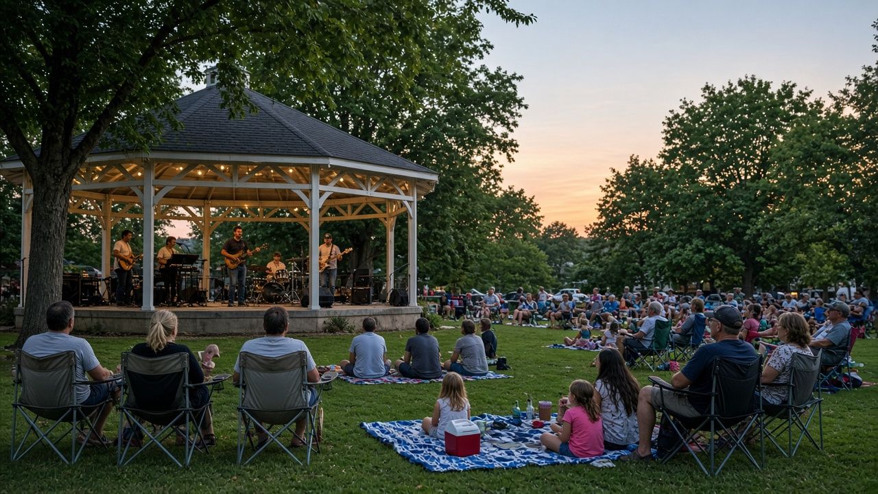 Families at an outdoor concert on the village green in Indian Head, Maryland