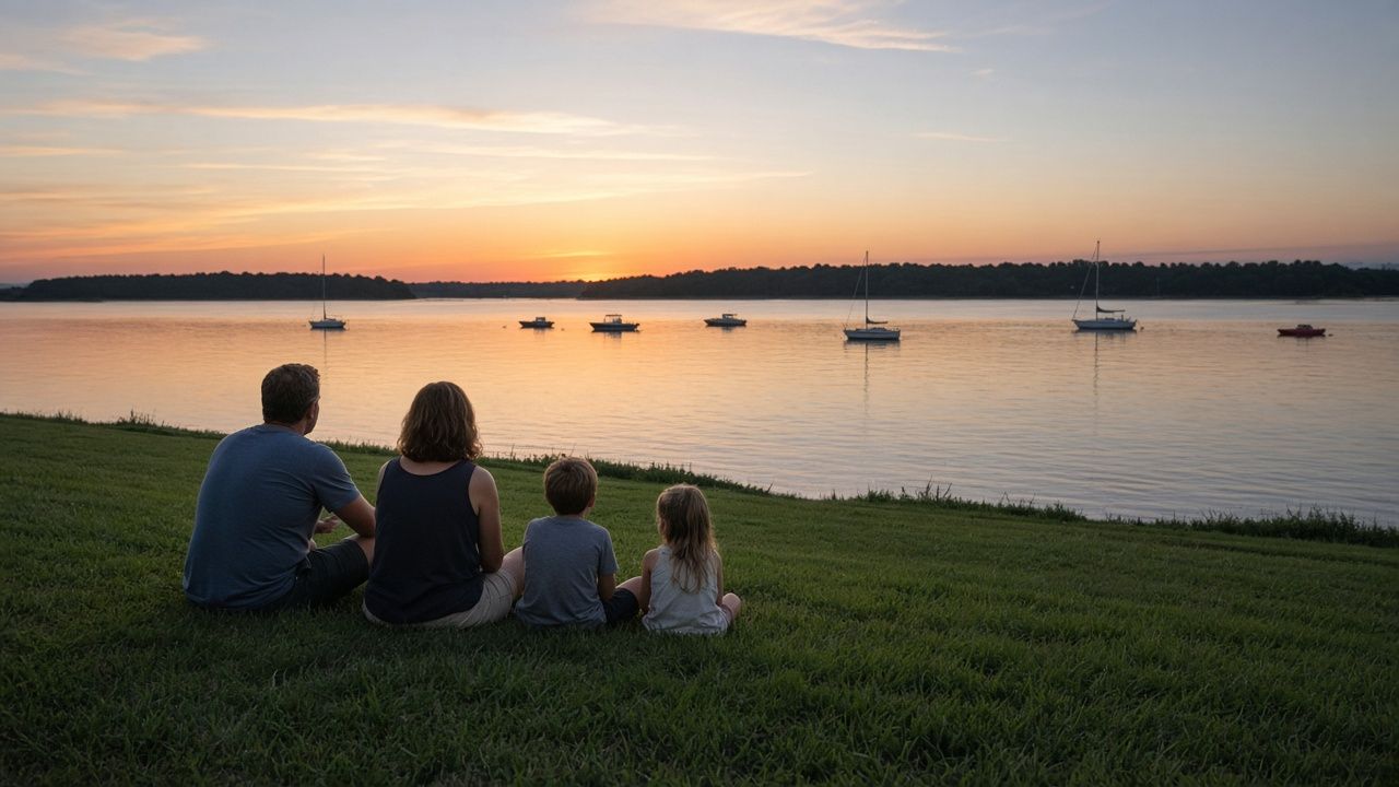 Family watching boats on the Patuxent River at sunset near California, Maryland