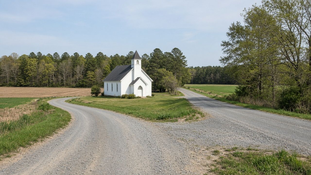 White country church at a rural crossroads in Huntingtown, Maryland