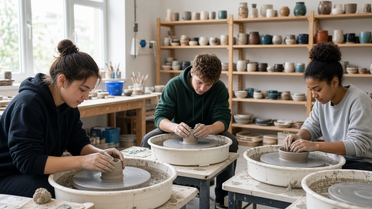Students shaping clay at pottery wheels in a Calvert County, Maryland art class