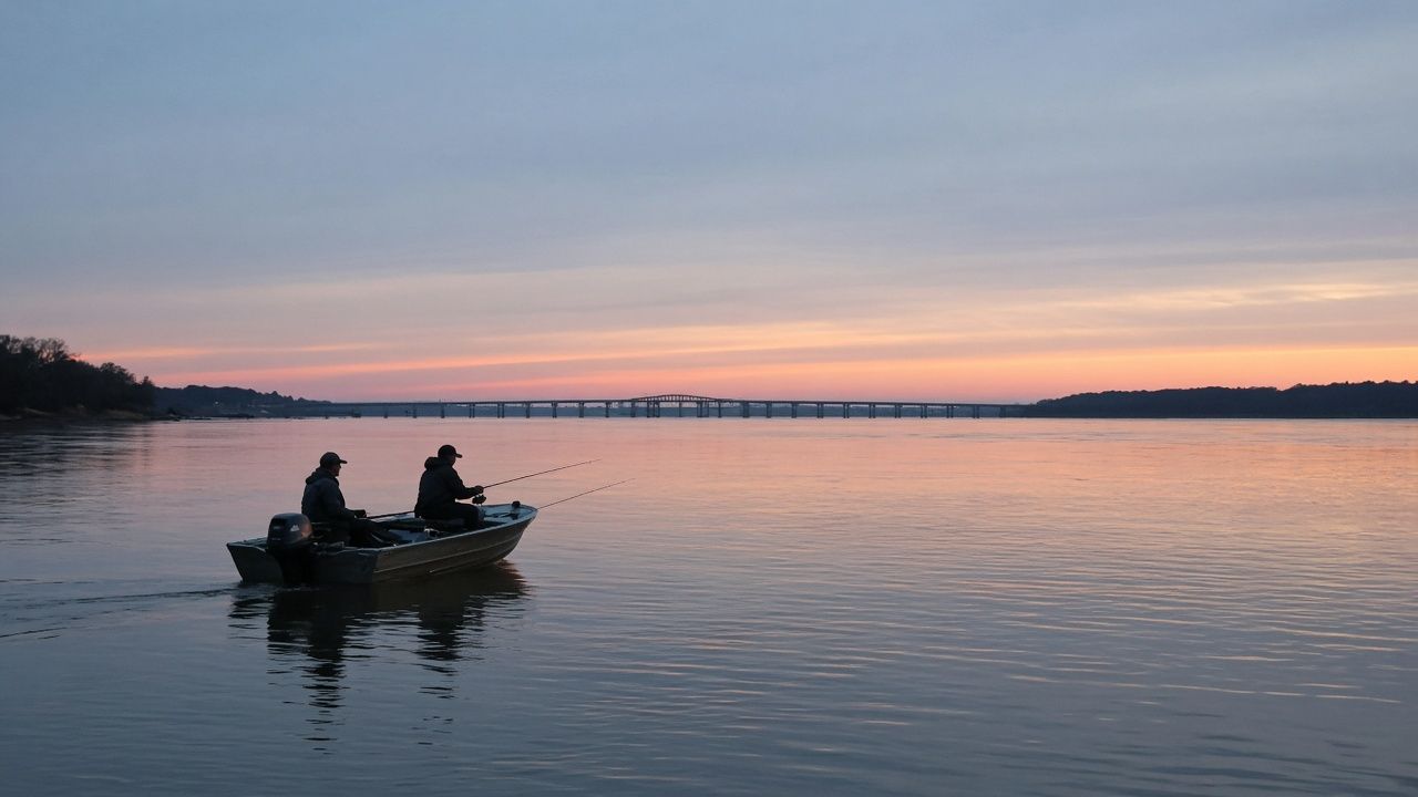 Anglers fishing from a small boat on the Potomac River at dawn near Newburg, Maryland