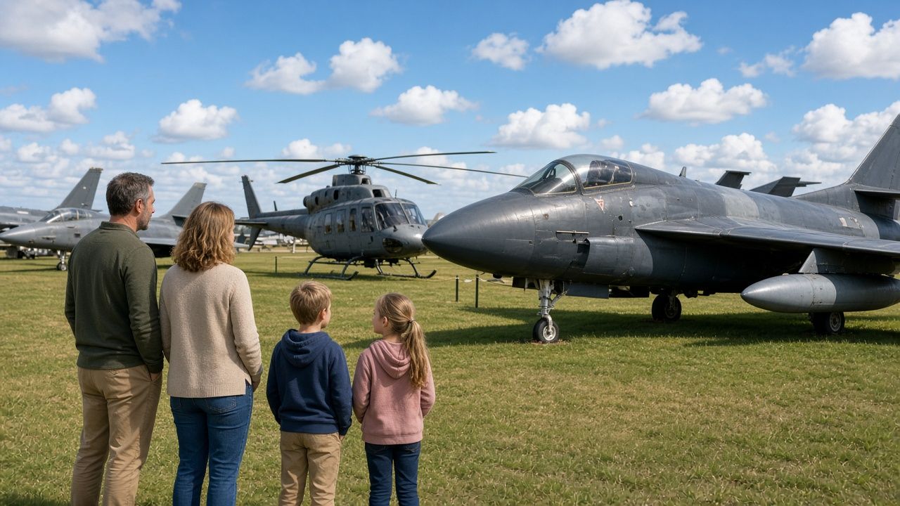Jets and a helicopter on display at an aviation museum in Lexington Park, Maryland