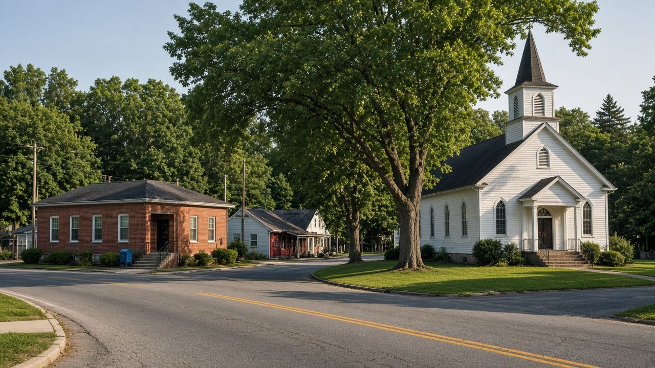 Small brick post office and white country church at a crossroads in Owings, Maryland