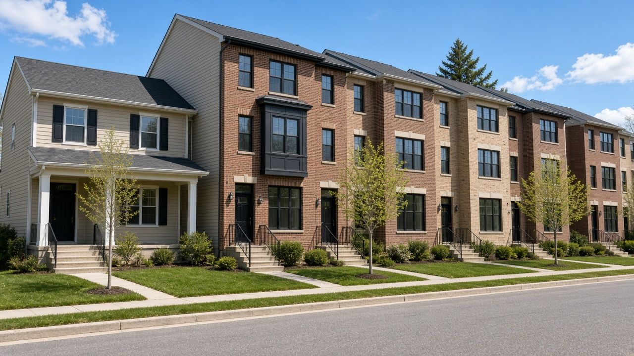 Row of brick front townhomes next to a single family home on a street in White Plains, Maryland