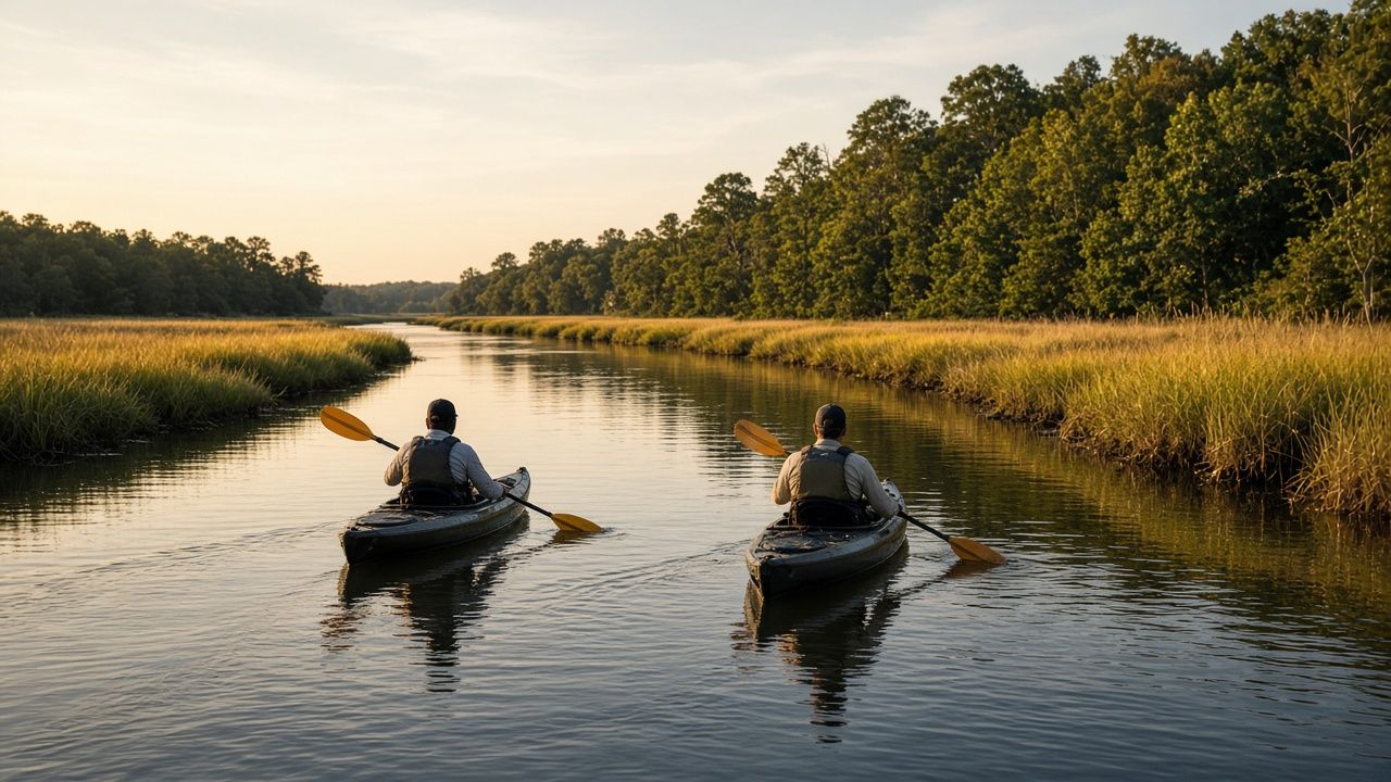 Kayaks paddling a marsh creek near California, Maryland