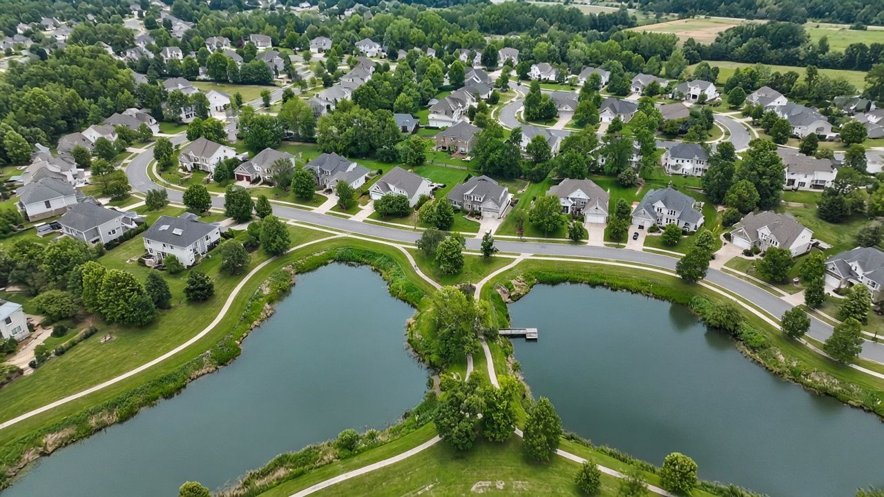 Aerial view of a planned community with ponds in California, Maryland