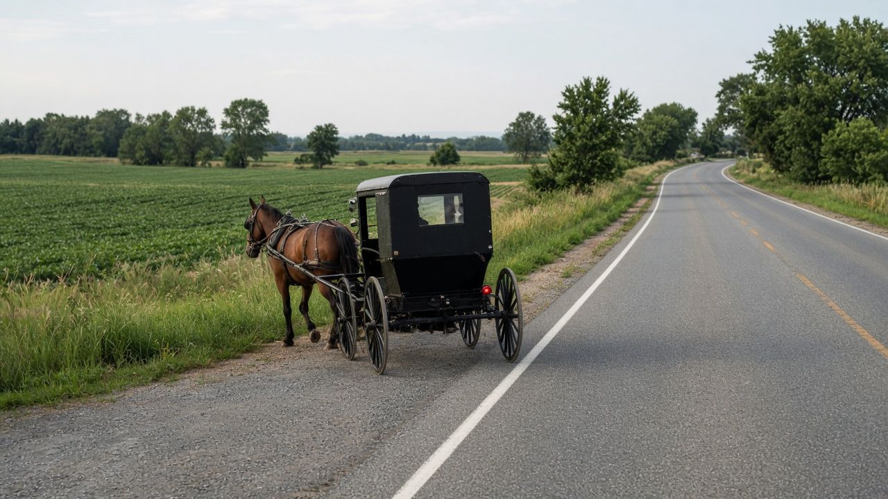Amish horse and buggy on a rural road in Mechanicsville, Maryland