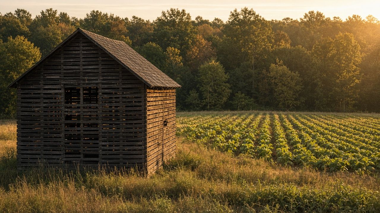 Old tobacco barn in a field in Dunkirk, Maryland