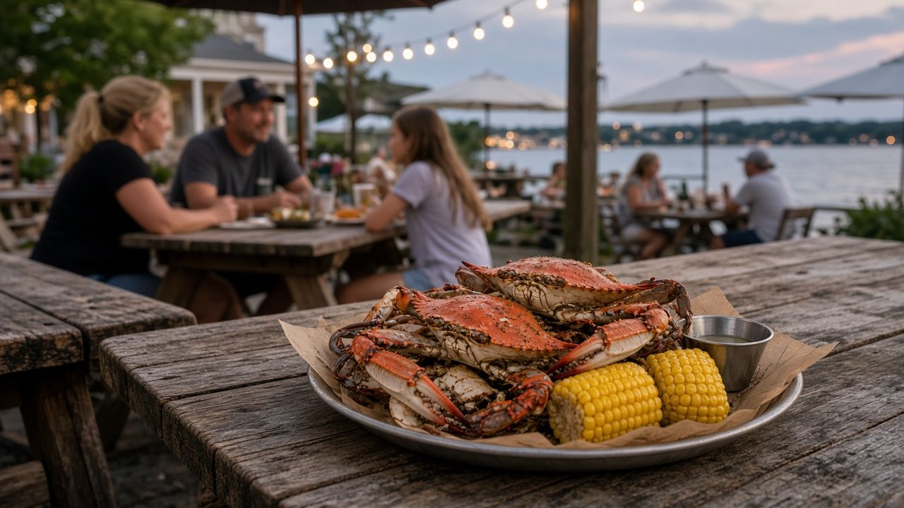 Steamed blue crabs and corn on a picnic table at a bayside restaurant near Owings, Maryland