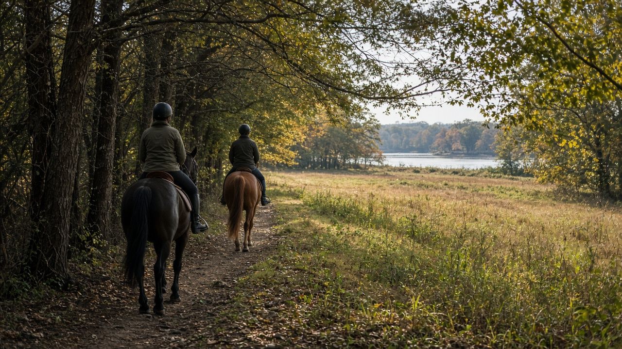 Riders on horseback along a wooded trail at Greenwell State Park in Hollywood, Maryland