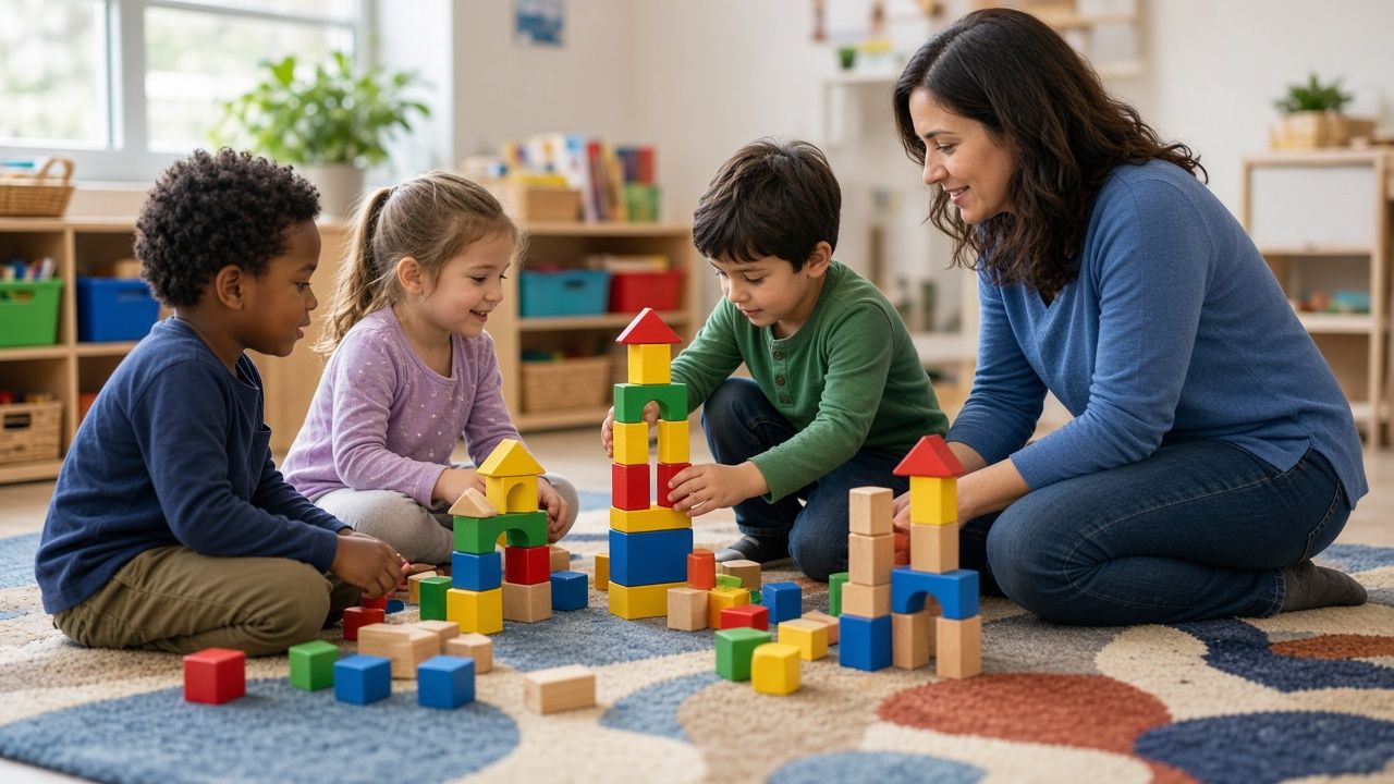 Kindergarten students building with colorful blocks in a St. Mary's County, Maryland classroom