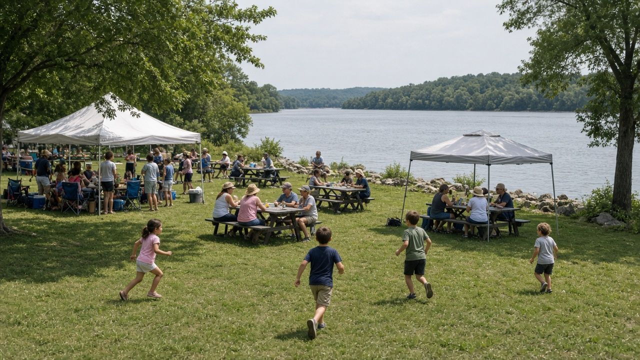 Families at tents and picnic tables at a summer community day on the water near Newburg, Maryland