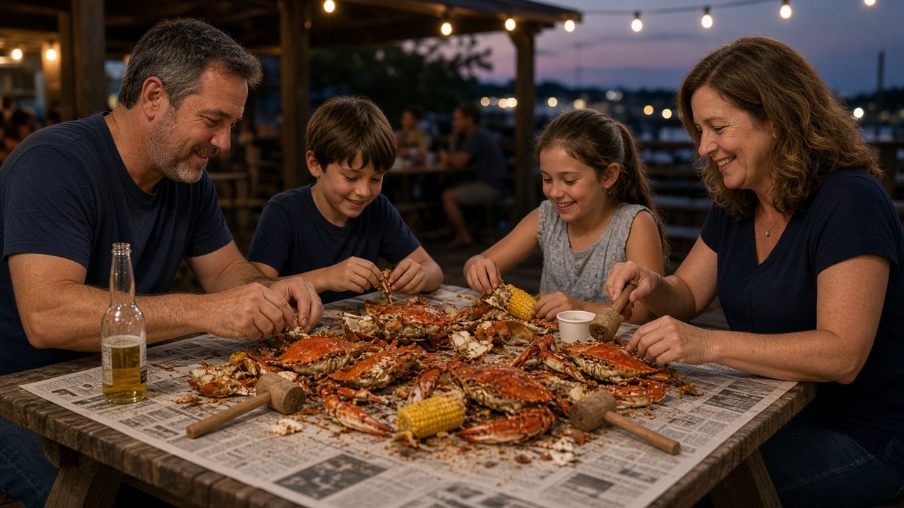 Friends cracking steamed crabs at a crab feast near Lexington Park, Maryland
