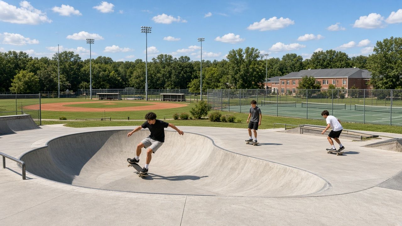 Skate park and ball fields at Dunkirk District Park in Dunkirk, Maryland