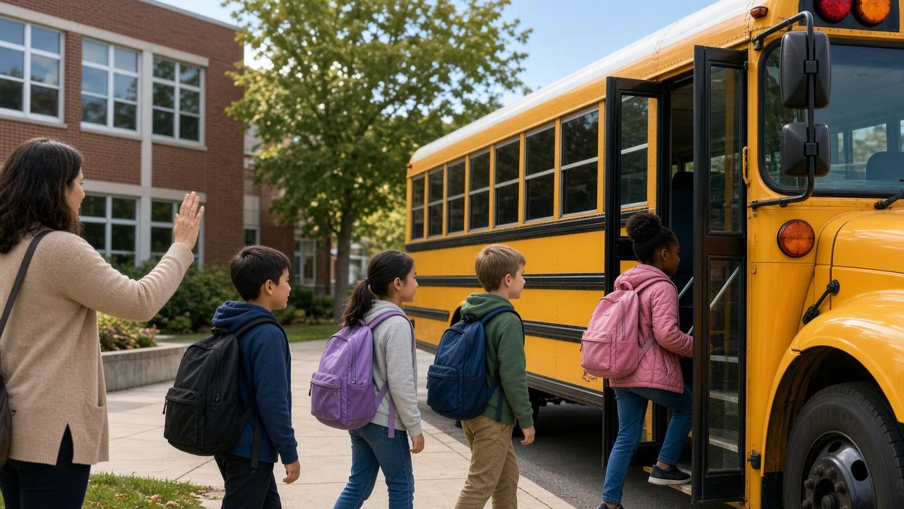 Elementary students with backpacks boarding a yellow school bus in Charles County, Maryland