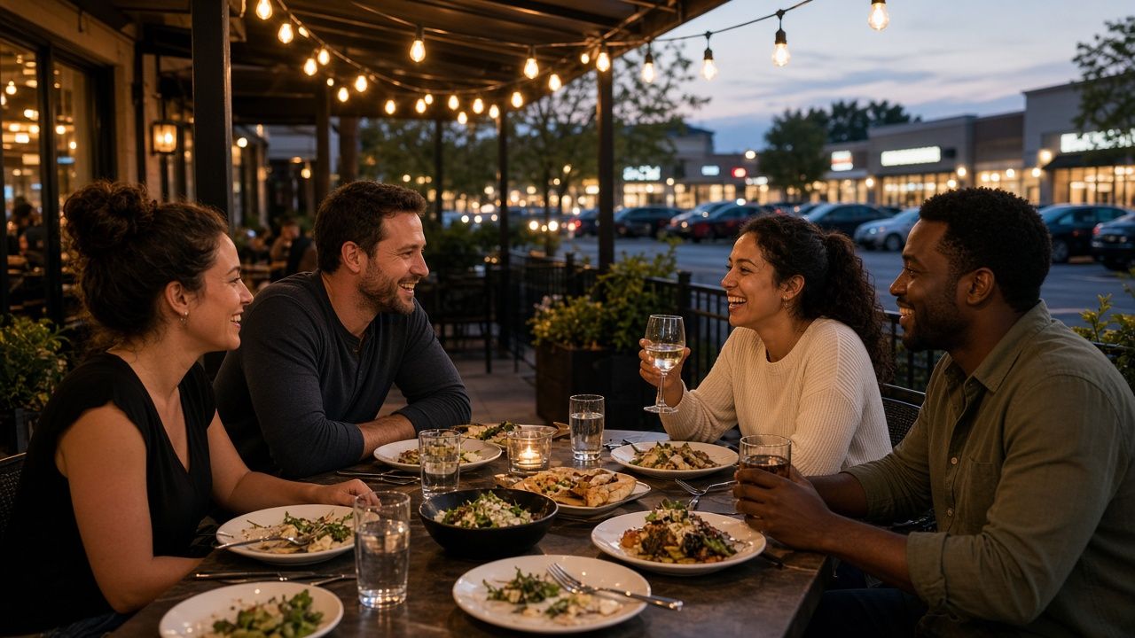 Friends dining on a patio at a shopping center in California, Maryland