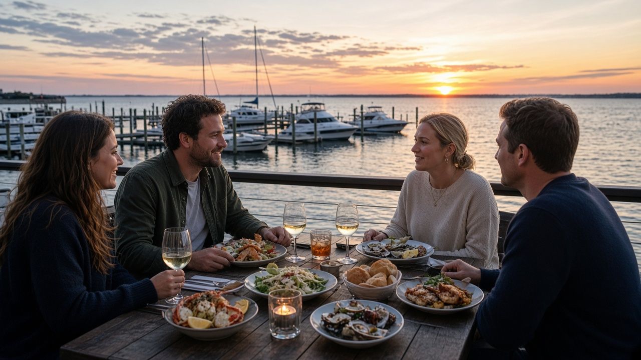 Diners on a waterfront deck overlooking the bay in Chesapeake Beach, Maryland