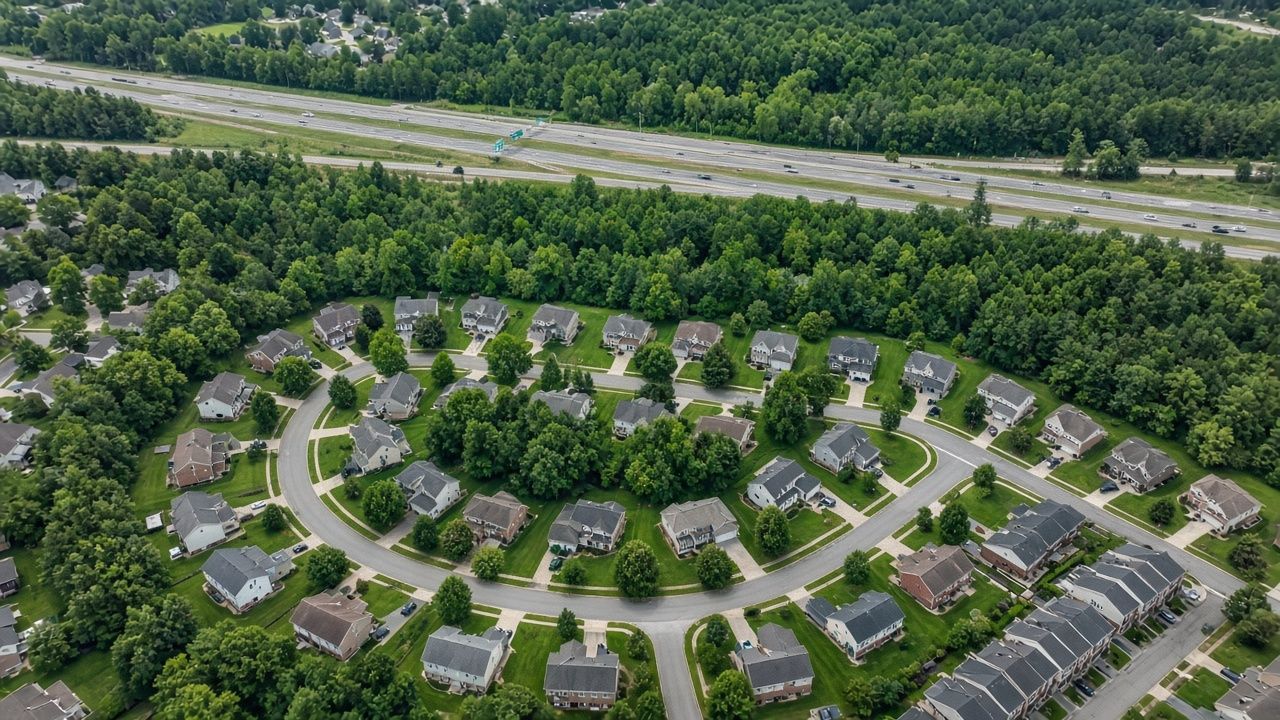 Aerial view of a wooded suburban neighborhood beside a highway in White Plains, Maryland