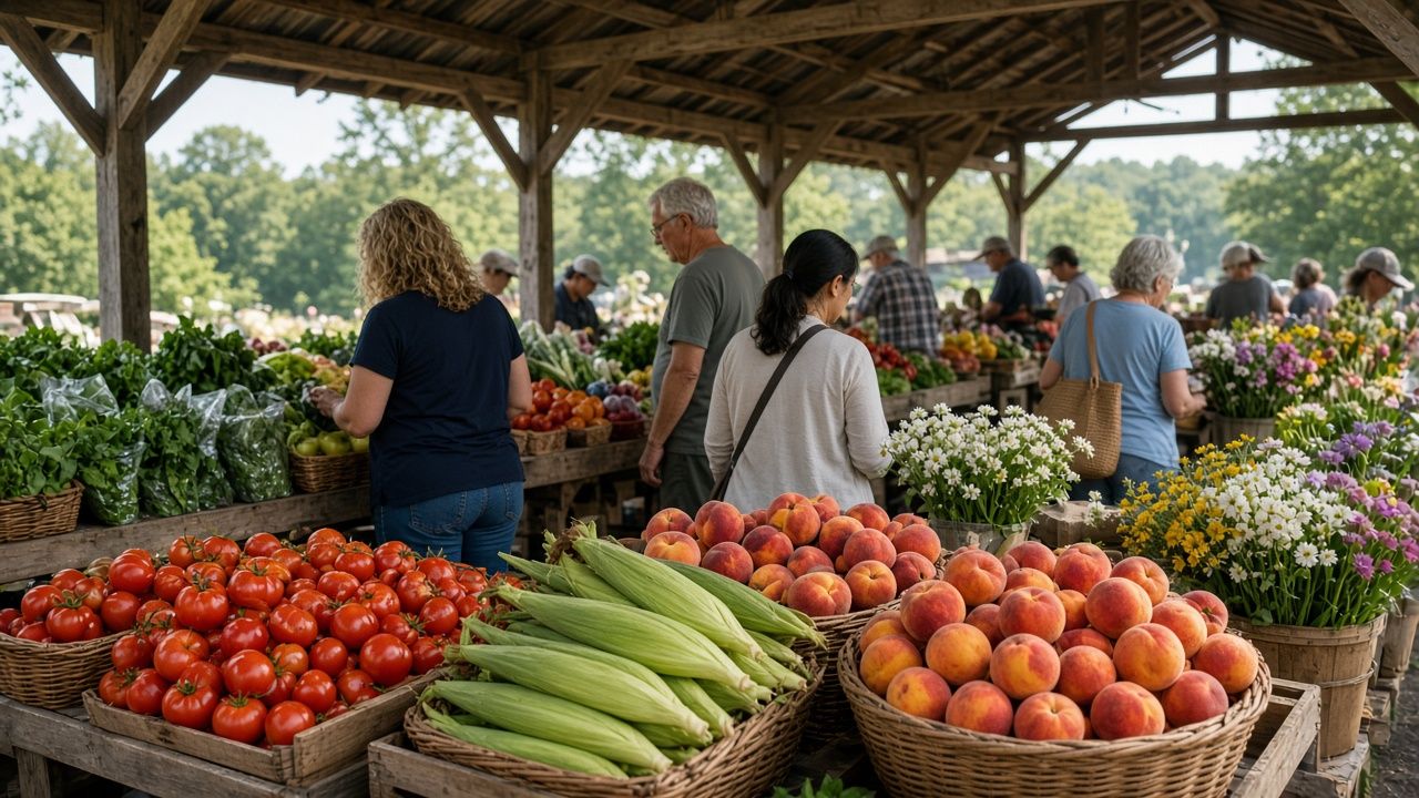 Produce stalls at the farmers market in Charlotte Hall, Maryland
