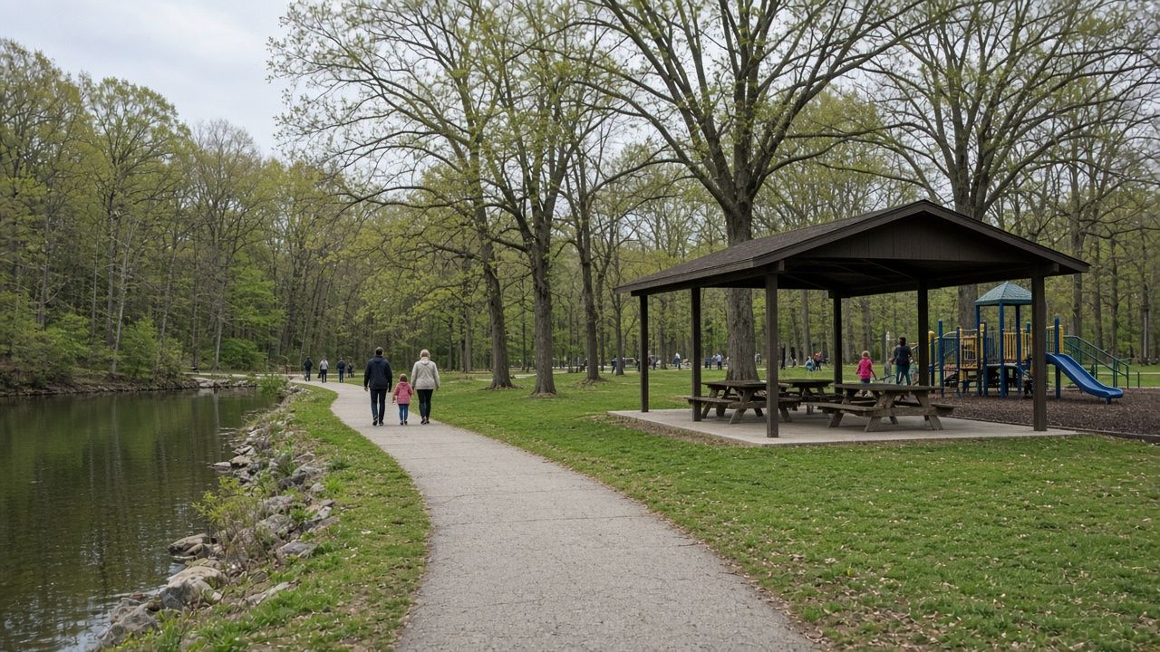Walking path along a lake in a park in Waldorf, Maryland
