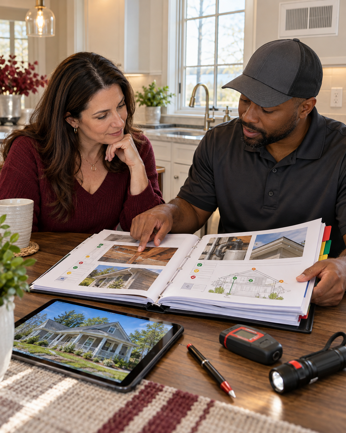 A homeowner reviewing a detailed home inspection report with a professional inspector