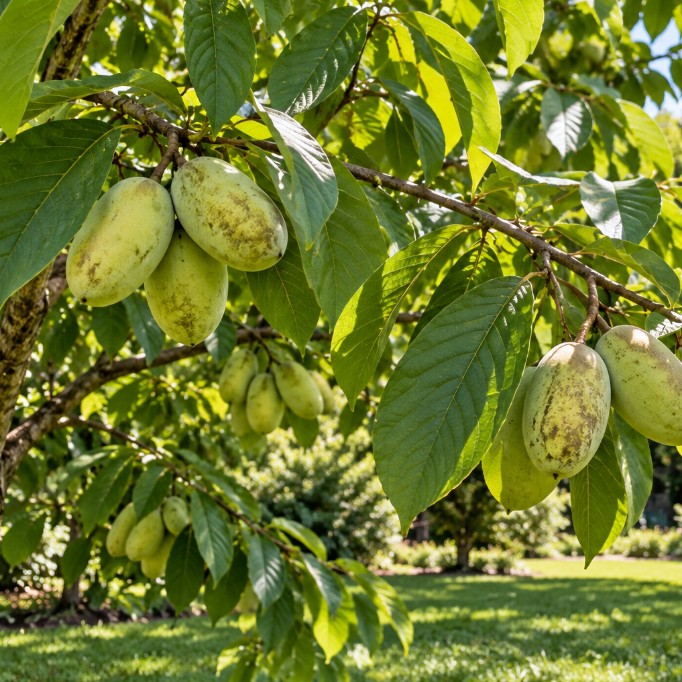 Pawpaw fruit growing on a native pawpaw tree.