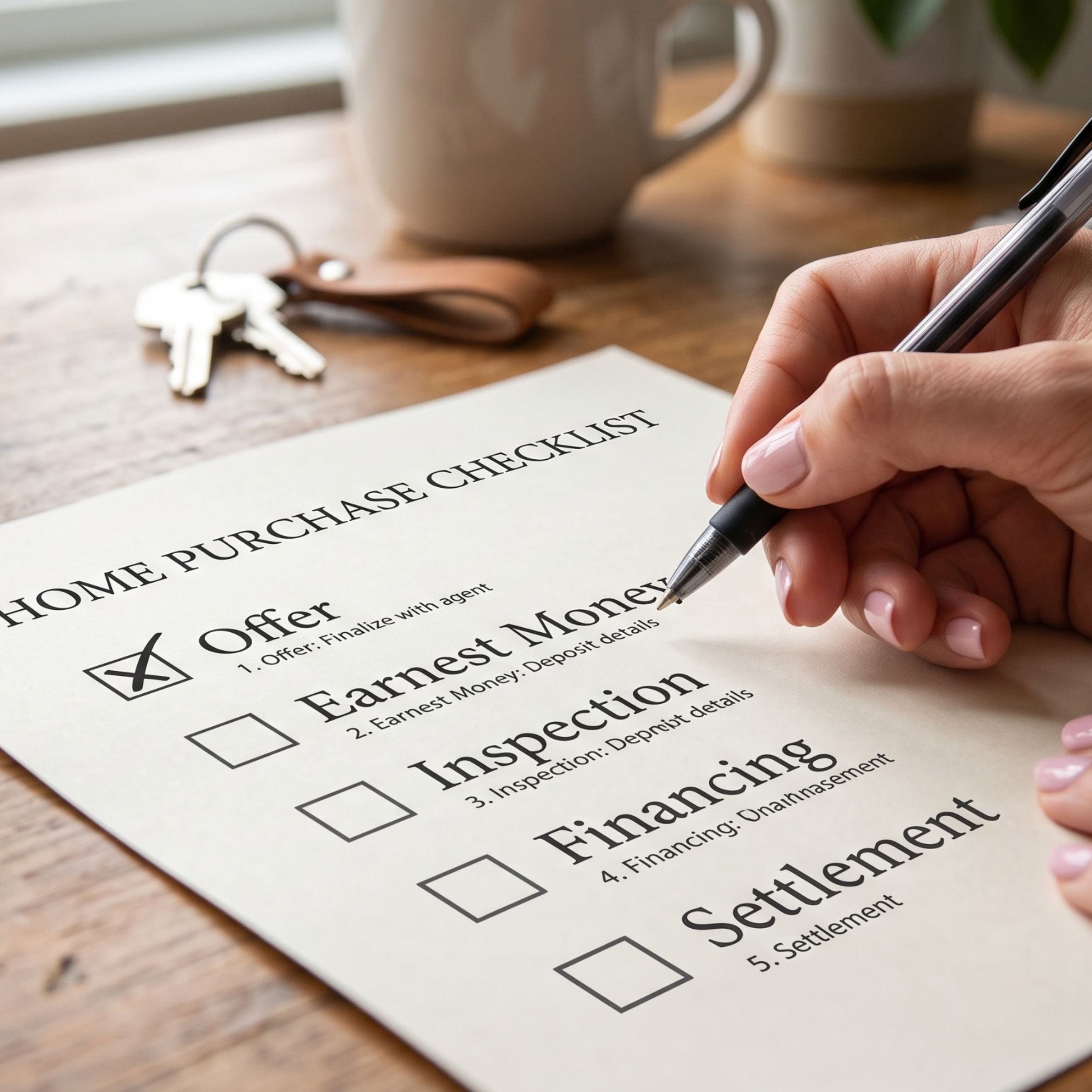Home purchase checklist showing the earnest money step.
