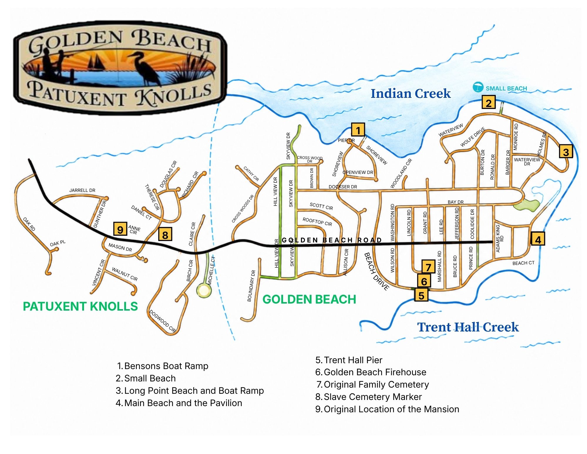 Golden Beach and Patuxent Knolls community map showing beaches, boat ramps, piers, roads, and neighborhood landmarks