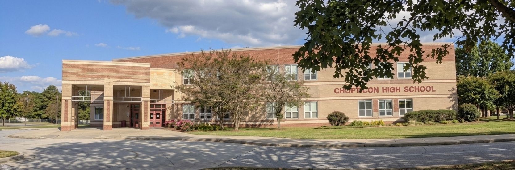 Exterior of a school building with trees and landscaped grounds