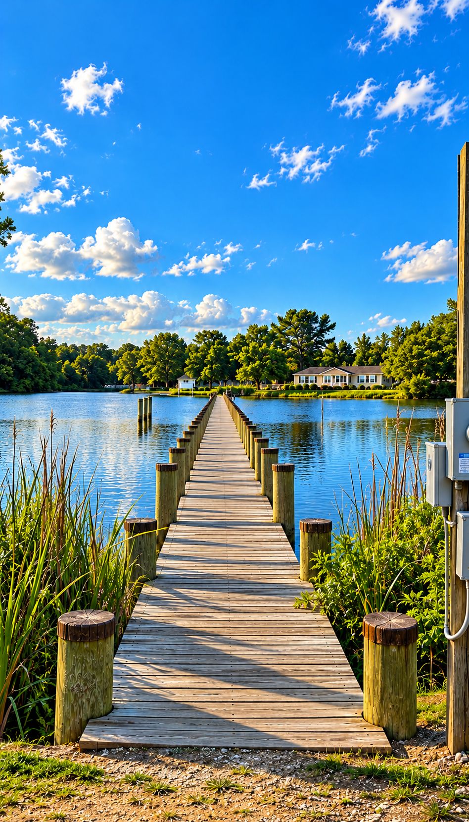 Wooden pier over calm water beside a tree-lined shoreline
