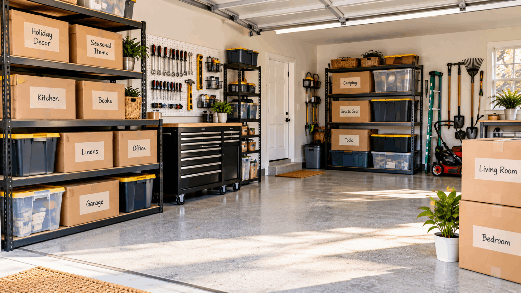 Organized garage and packed moving boxes before selling a home