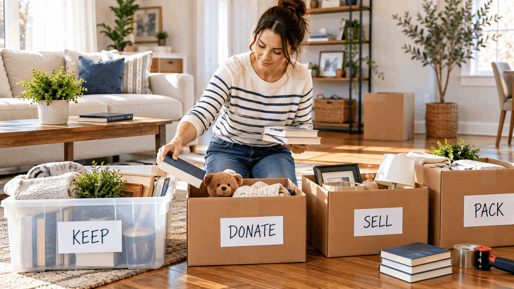 Household belongings sorted into boxes before a home sale