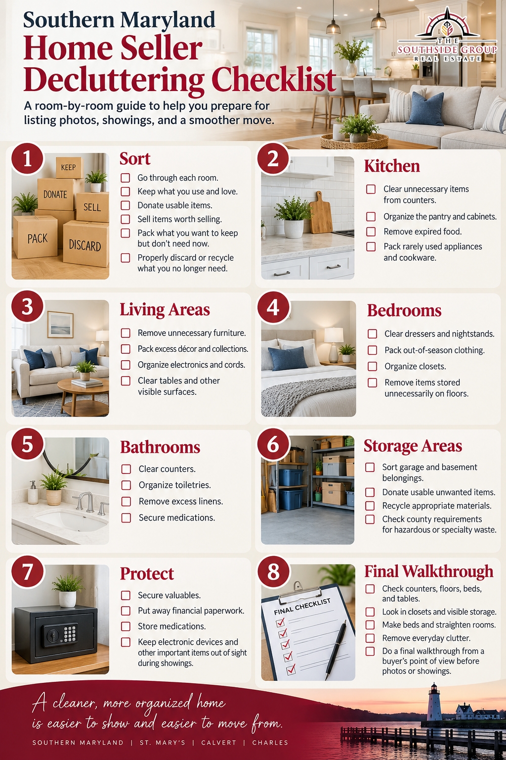Southern Maryland home seller decluttering checklist for preparing rooms, closets, storage areas, and valuables before showings