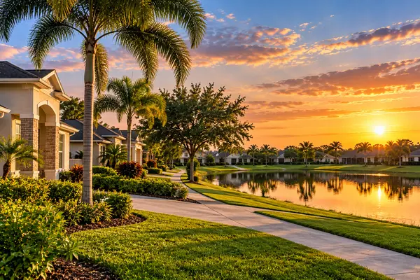 Golden Lakeside Suburban Sunset