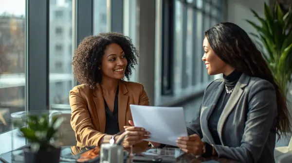 create a photo of a black woman talking to a professional black female mortgage professional about home financing options- they are in an office with sunlight from the floor to ceiling windows