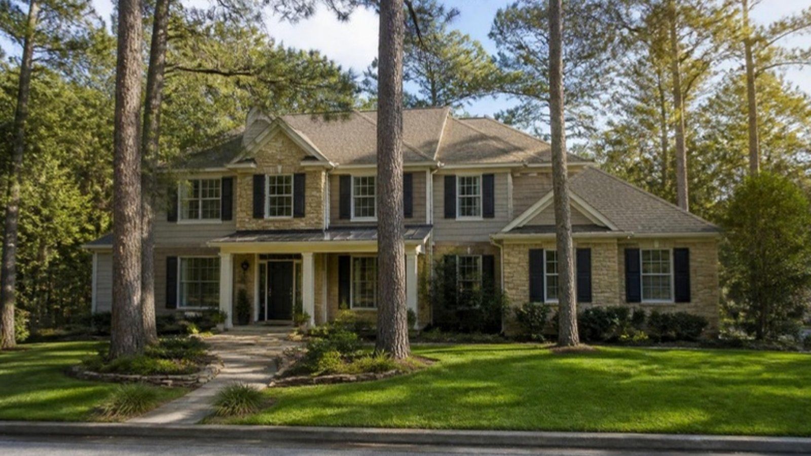 Two-story brick and stone home among tall pine trees in Cypress, TX
