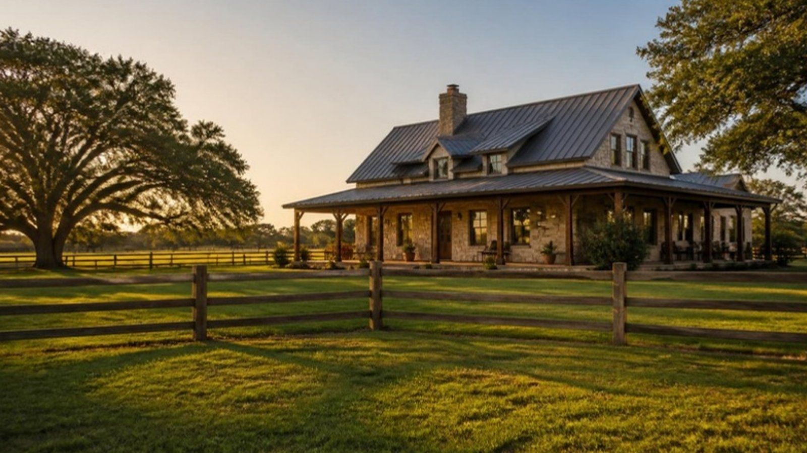 Stone and metal-roof ranch home on acreage with a wood fence near Sealy, TX