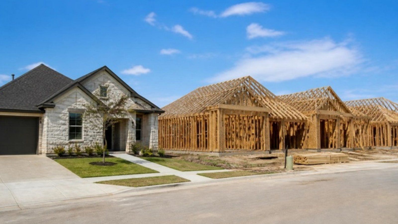 New single-story stone home next to homes under construction in a Katy, TX community
