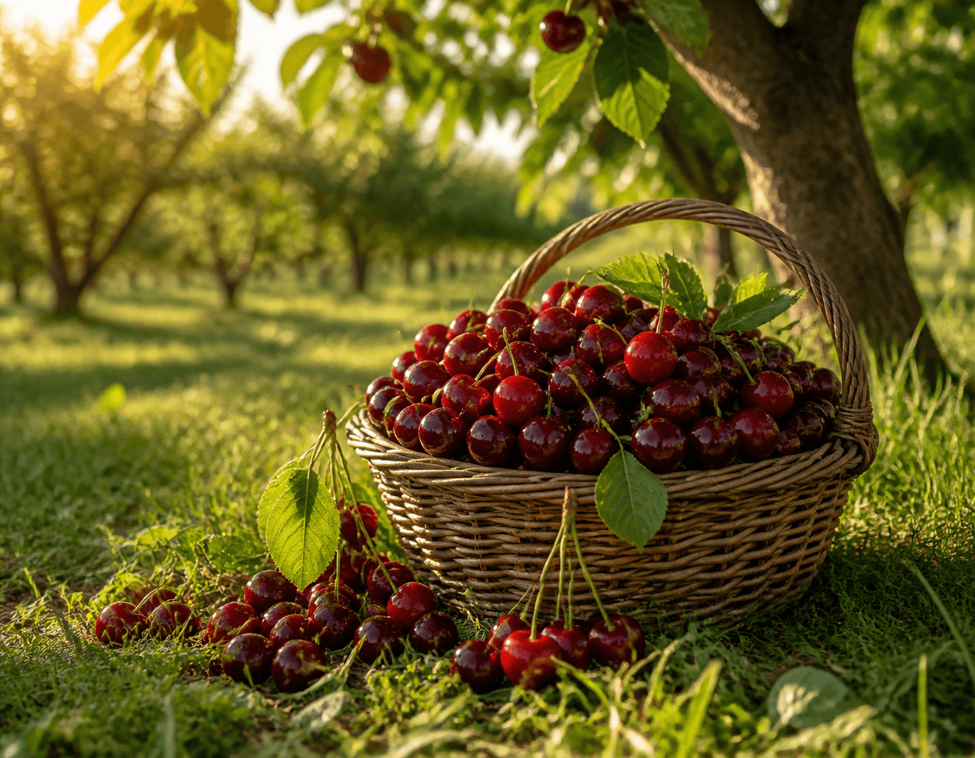 Basket of freshly picked cherries in a Brentwood orchard