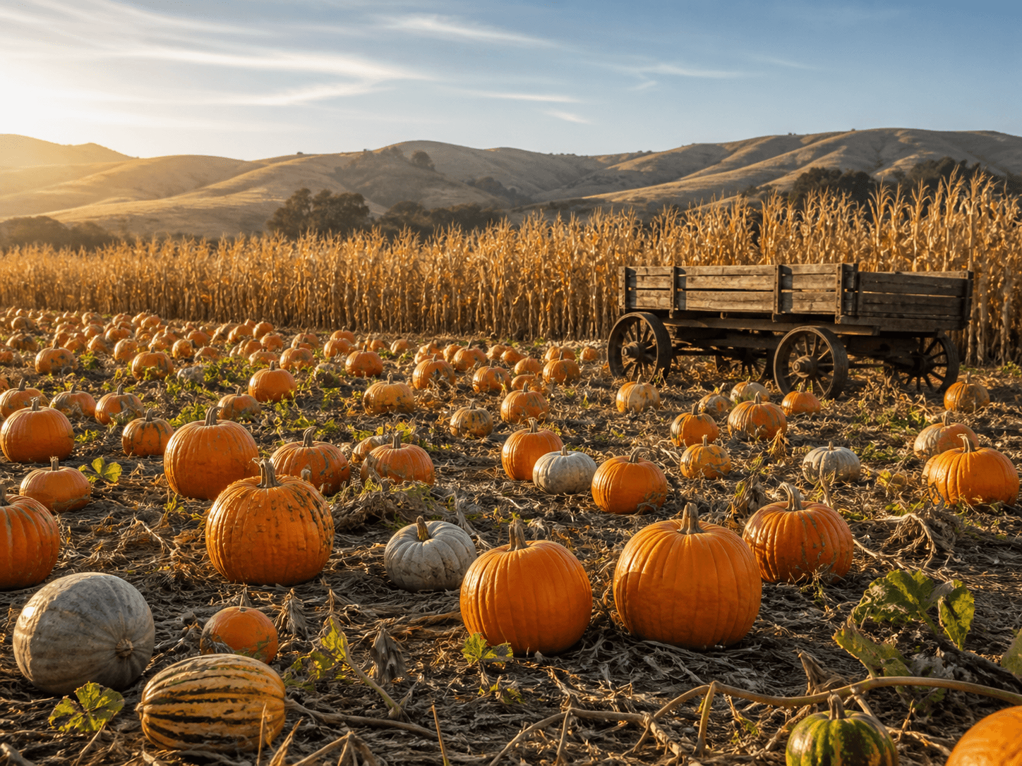 Pumpkin patch and corn maze in Brentwood, California in autumn