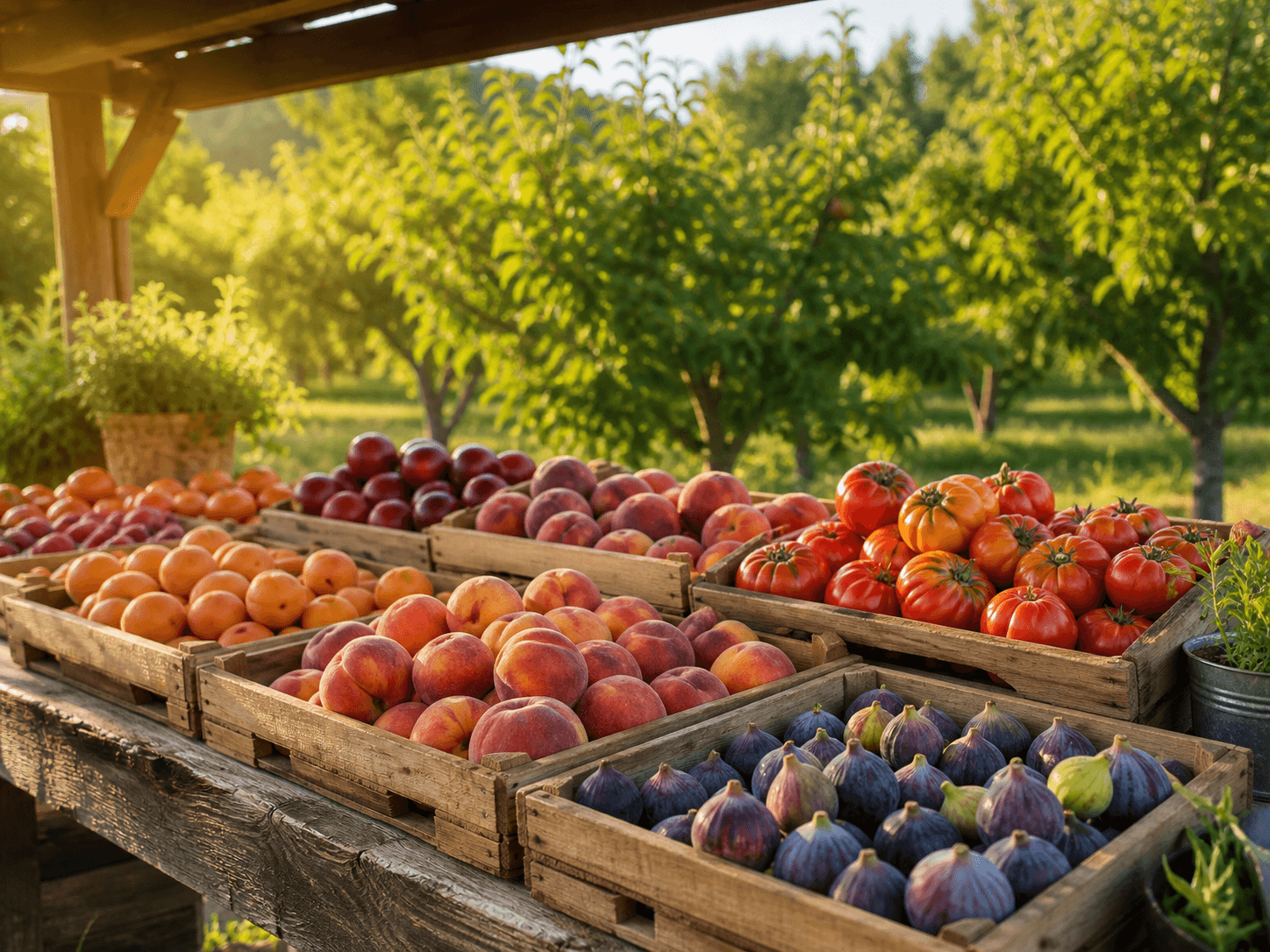 Crates of peaches, apricots, figs and heirloom tomatoes at a Brentwood farm stand