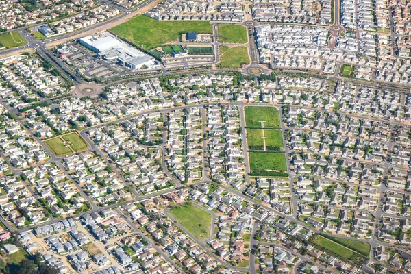 Aerial view of a suburban residential neighborhood